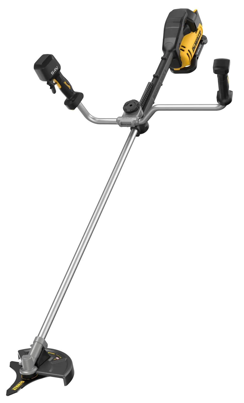 A DEWALT battery-powered brush cutter with a long metal shaft, two ergonomic handles, and a yellow and black motor housing, shown against a white background.