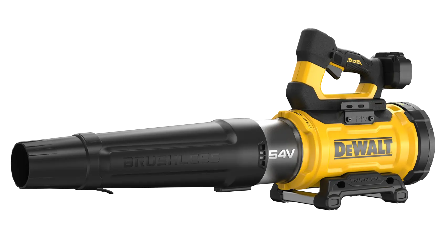 A DEWALT 54V cordless leaf blower with a brushless motor, shown in black and yellow colors.
