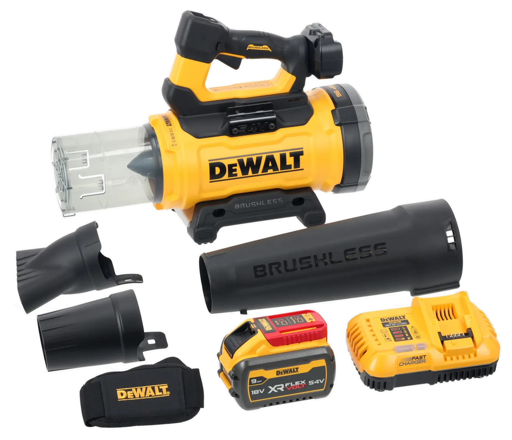 DEWALT brushless cordless blower set, including the main blower unit, three nozzle attachments, a rechargeable battery, a battery charger, and a DEWALT branded strap, all displayed on a white background.