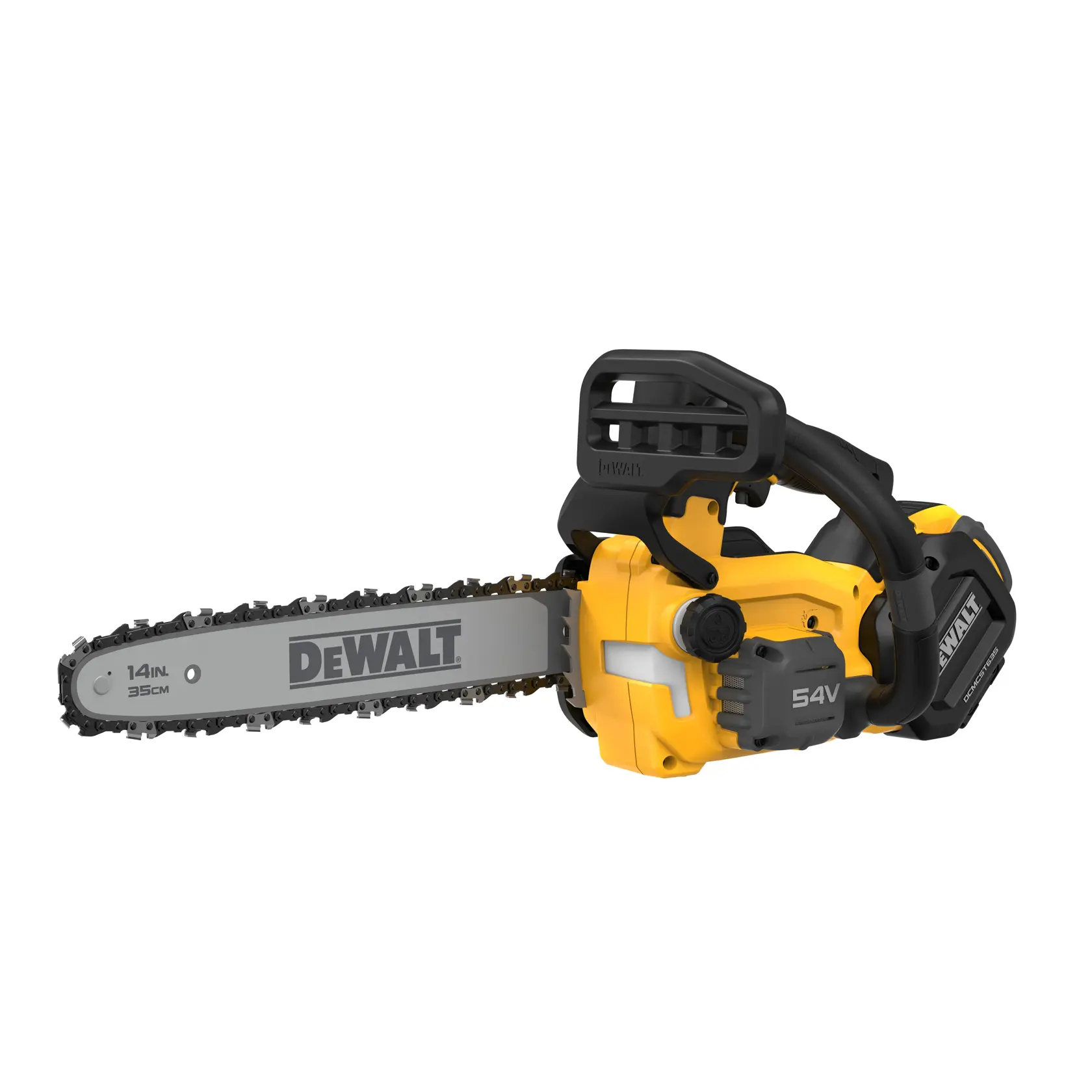 A DEWALT 54V cordless chainsaw with a 14 inch (35 cm) bar, shown in yellow and black colors.