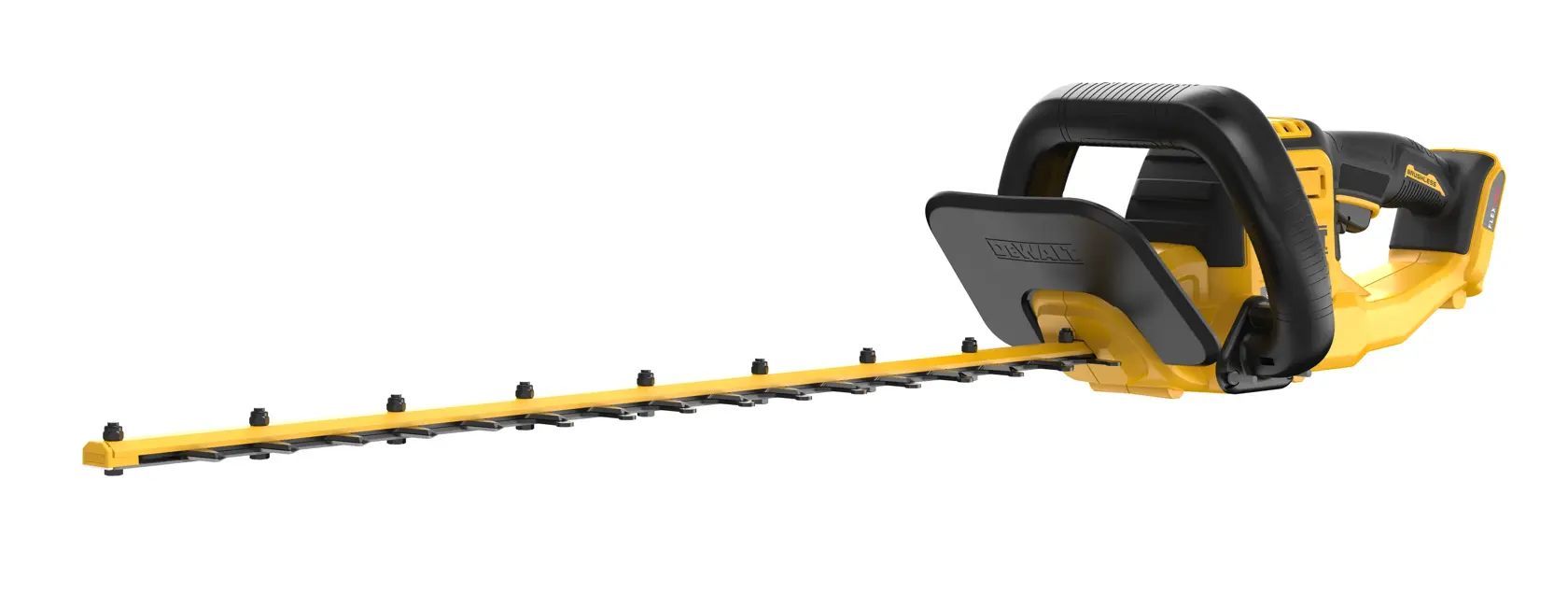 A yellow and black cordless hedge trimmer with a long blade, designed for trimming hedges and bushes.