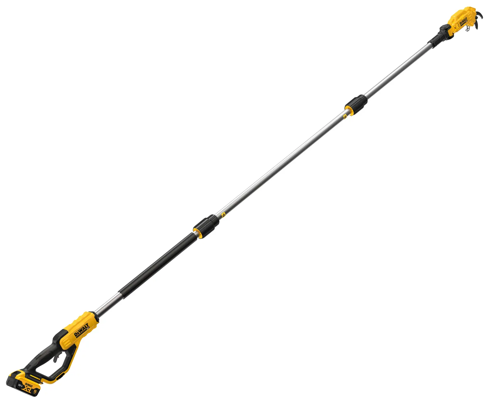 A DEWALT cordless pole saw with a yellow and black handle, extendable silver pole, and a cutting head at the end, designed for trimming tree branches.