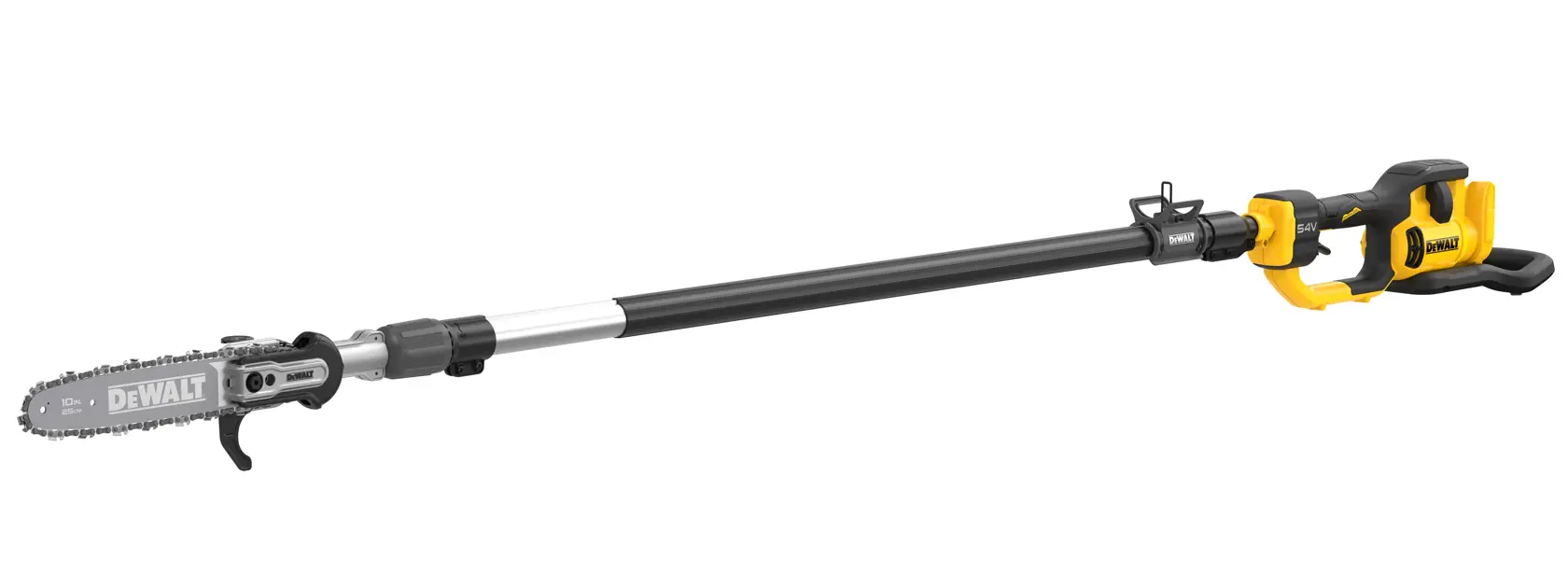 A DEWALT cordless pole saw with a long telescopic handle and a small chainsaw attachment for cutting branches at height.
