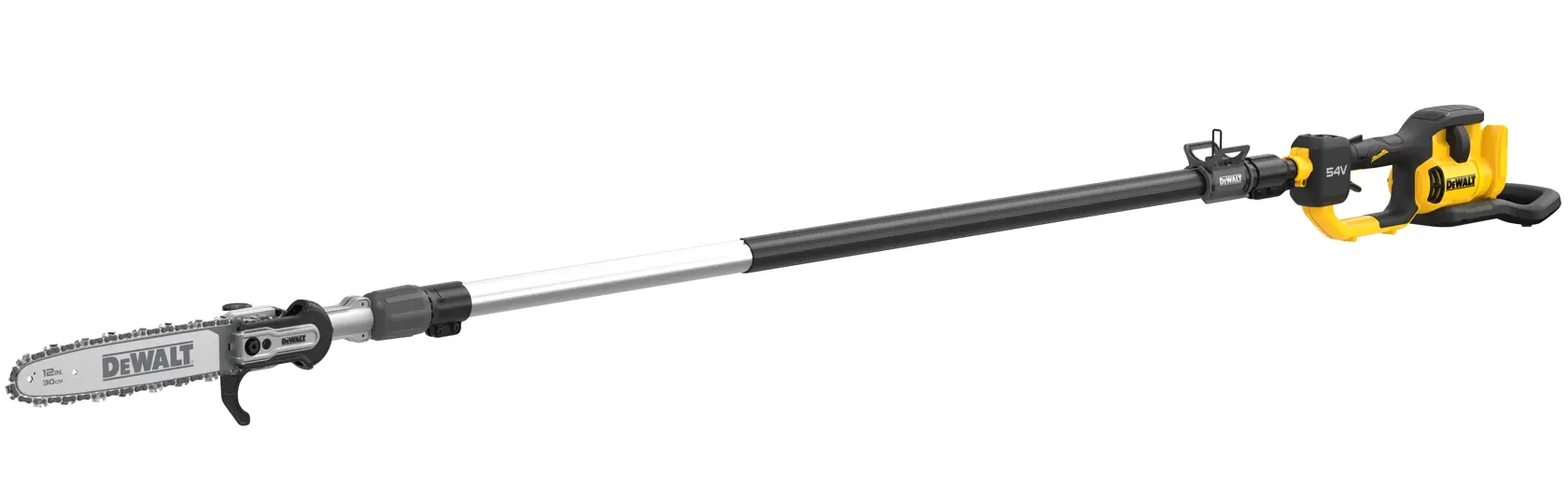 A DEWALT cordless pole saw with an extendable shaft, designed for trimming tree branches.