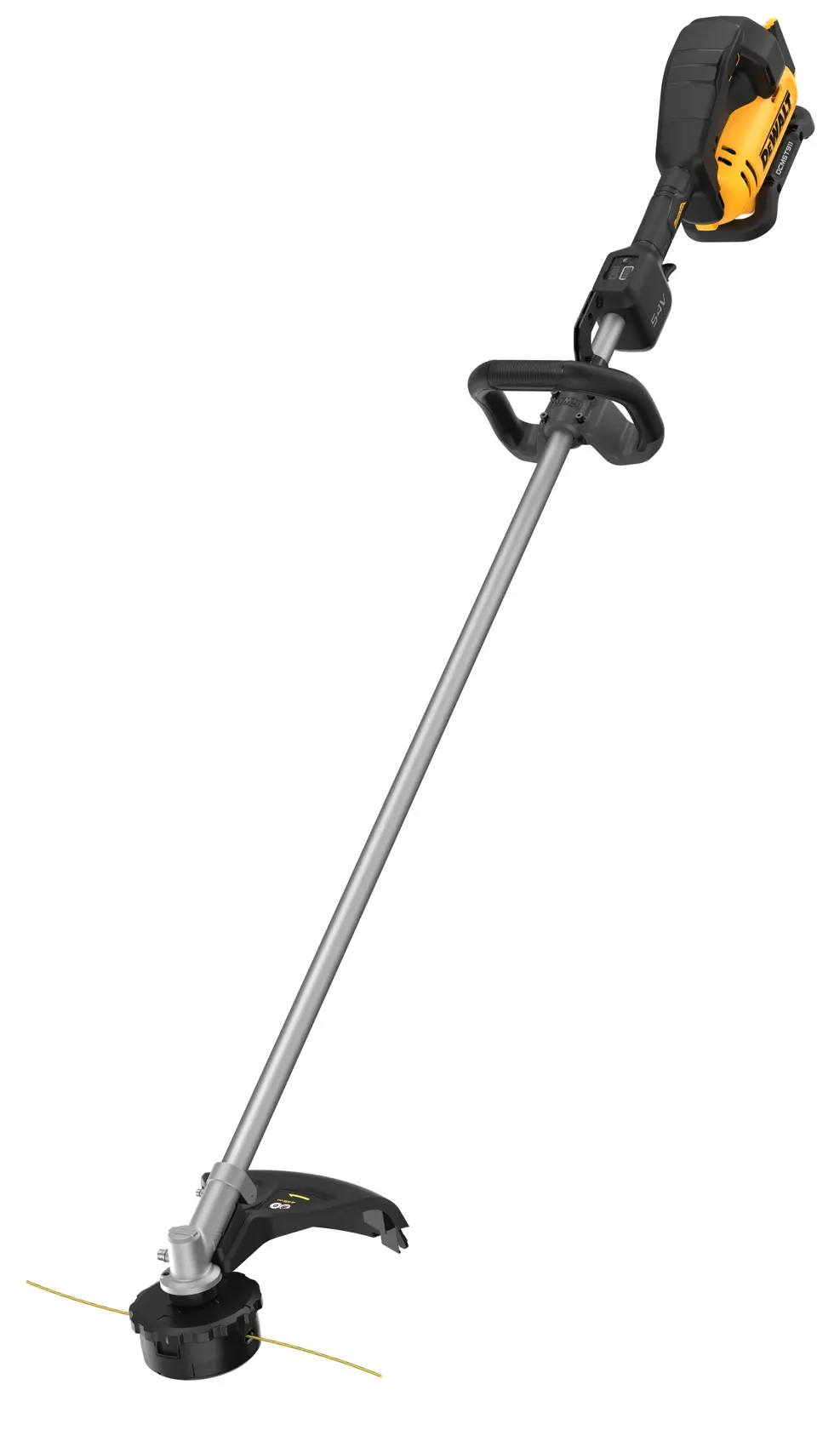 A DEWALT cordless string trimmer with a straight shaft, black and yellow motor housing, and ergonomic handle, displayed against a white background.