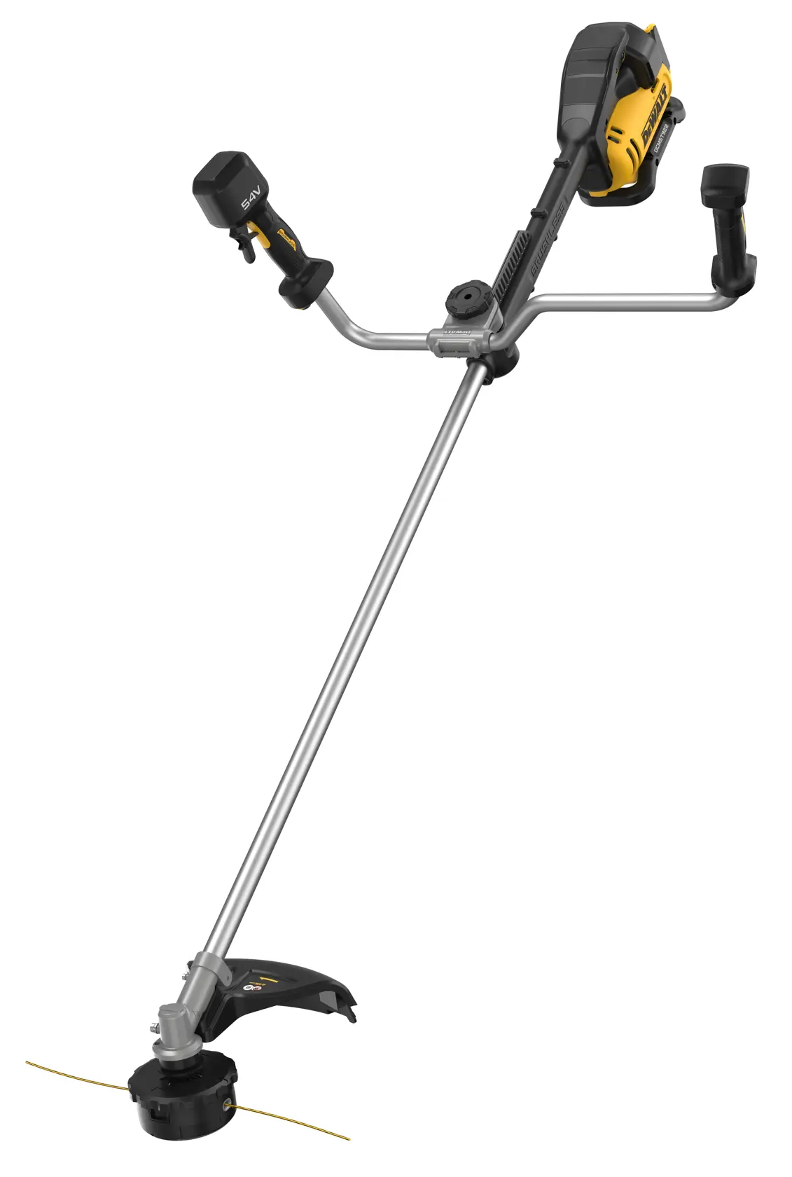 A cordless DEWALT grass trimmer with a straight shaft, dual handles, and yellow and black detailing.