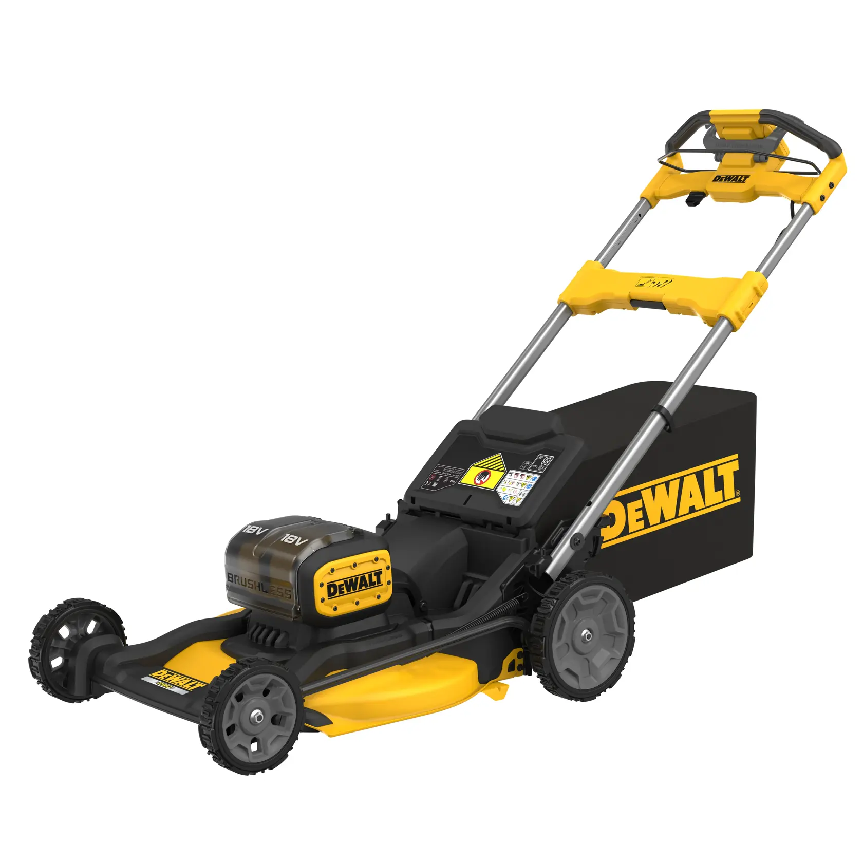 A DEWALT cordless electric lawn mower with a yellow and black design, featuring a brushless motor, adjustable handle, and rear grass collection bag.