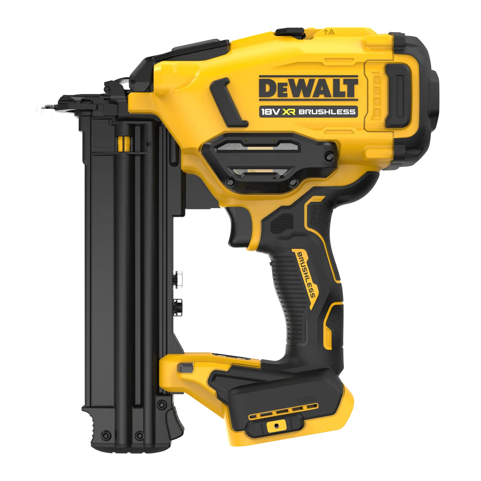 DEWALT 18V XR Brushless nail gun, yellow and black, side view. Cordless design for professional tasks.