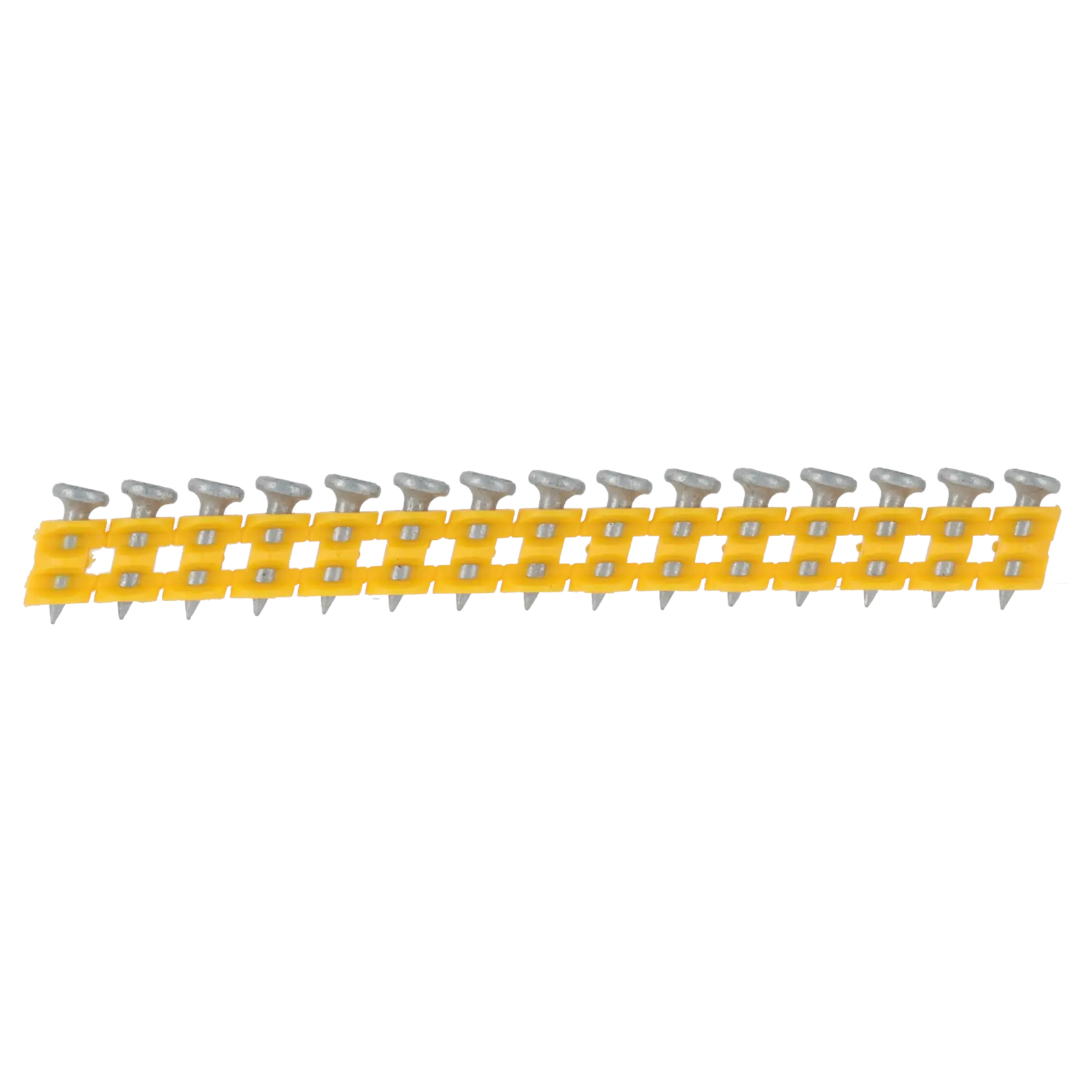A strip of collated nails held together by a yellow plastic carrier, designed for use with nail guns.