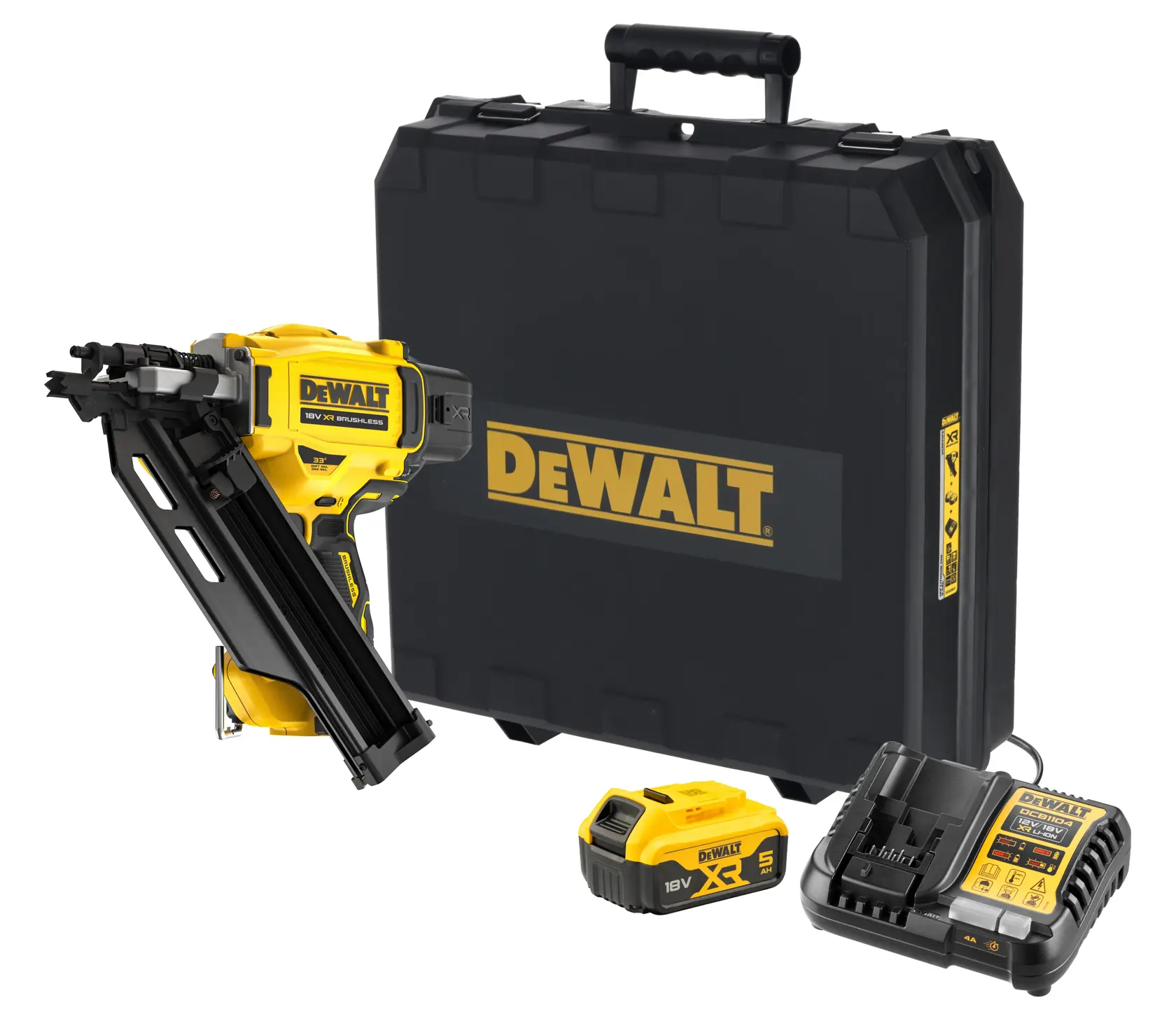 A DEWALT 20V XR cordless framing nailer with a yellow and black design, featuring a paper collated nail magazine and a 5 Ah battery pack.