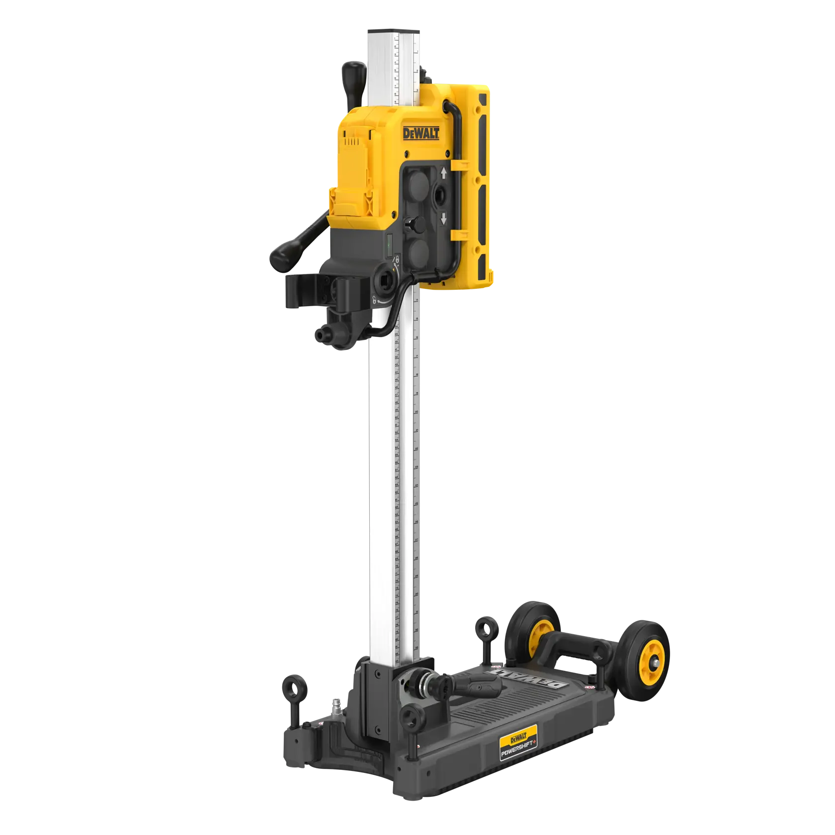A DEWALT DCPS151 power tool designed for core drilling, shown mounted on a vertical stand with wheels. The tool is yellow and black, featuring multiple handles and adjustment mechanisms.