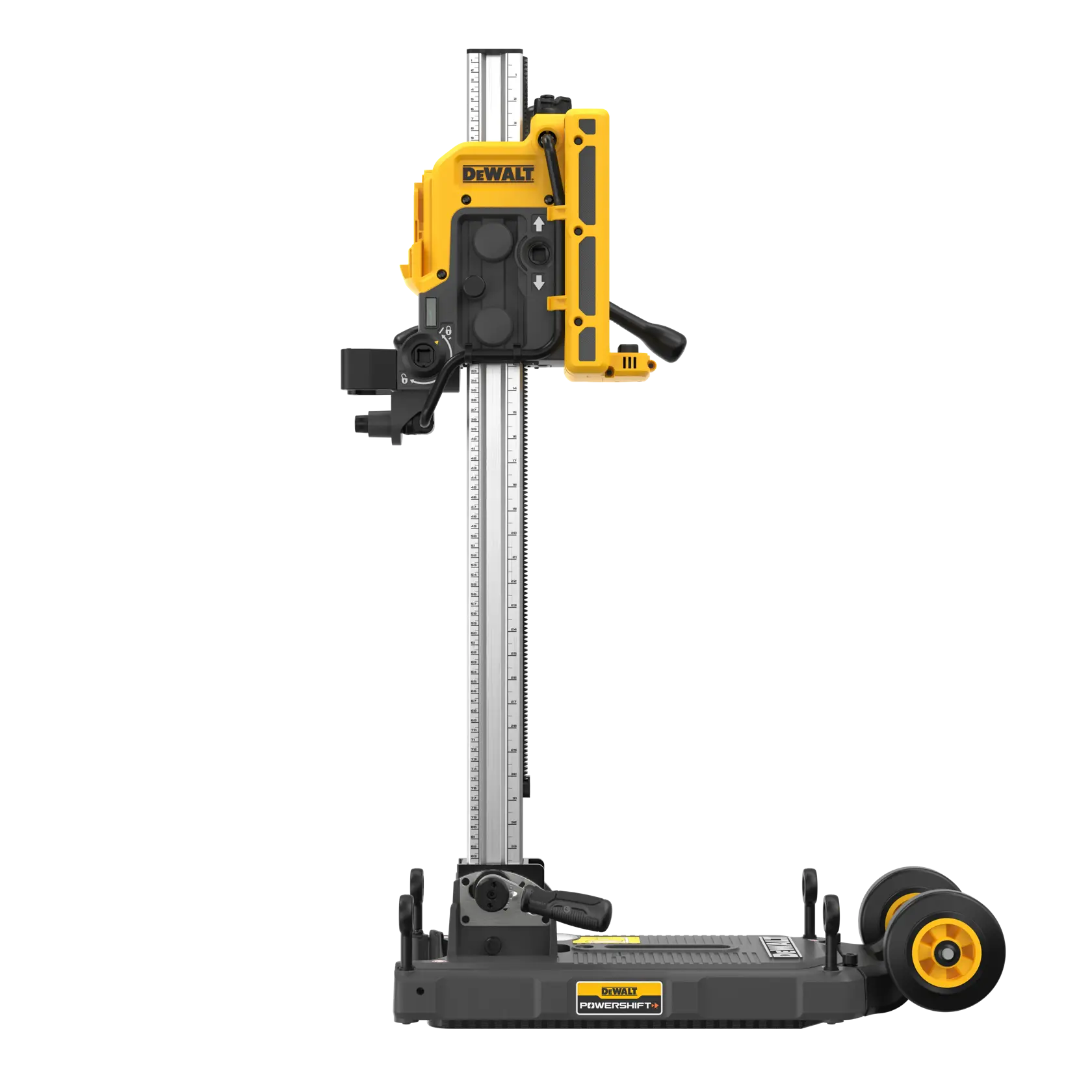 A yellow and black DEWALT power tool mounted vertically on a metal base with wheels, featuring a measurement scale and adjustment handles. The tool is photographed against a white background.