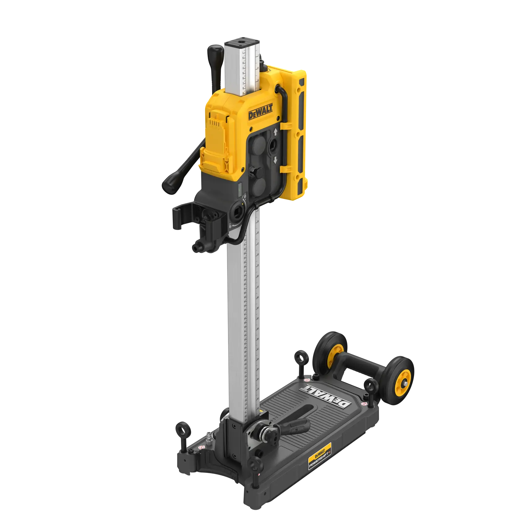 A DEWALT-branded core drill stand system with a yellow and black motorized unit attached to a vertical metal rail on a black wheeled base.
