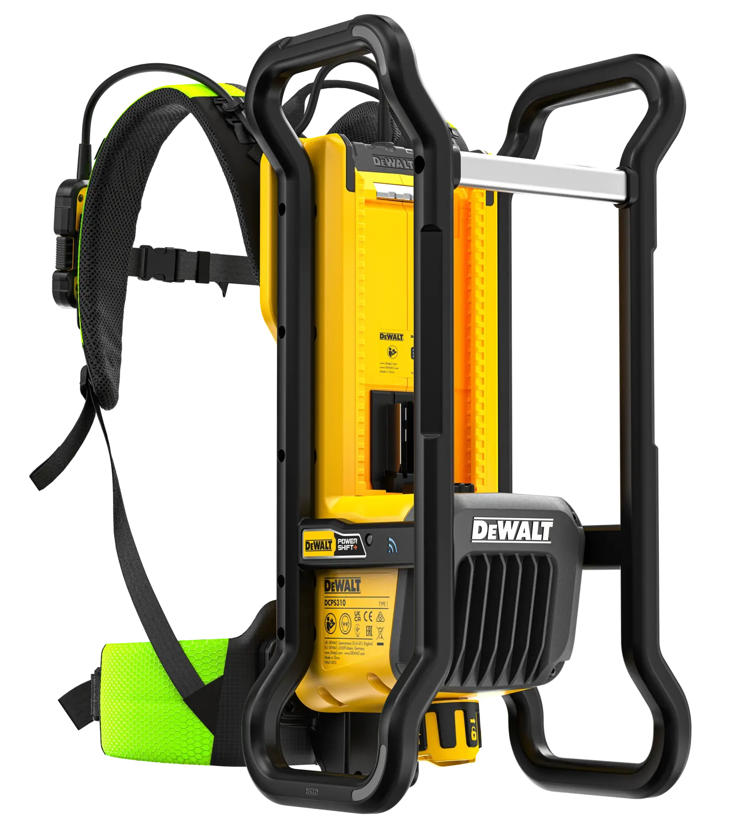 DEWALT DCPS310N photography equipment with a yellow and black design, featuring a sturdy frame and a padded harness for carrying on the back.