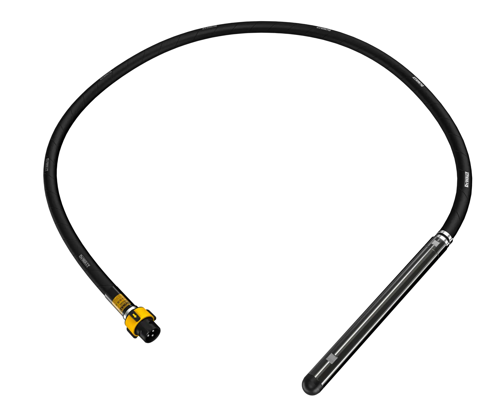 A DEWALT concrete vibrator shaft with a long flexible black cable and a metal vibrating head, designed for construction applications.