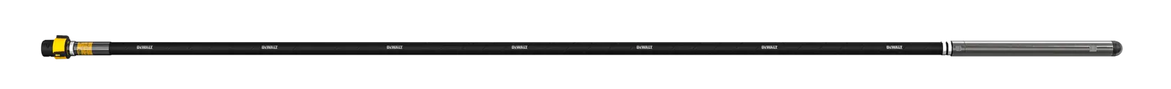A DEWALT concrete vibrator shaft with a long flexible black cable and a metal vibrating head, designed for construction applications.