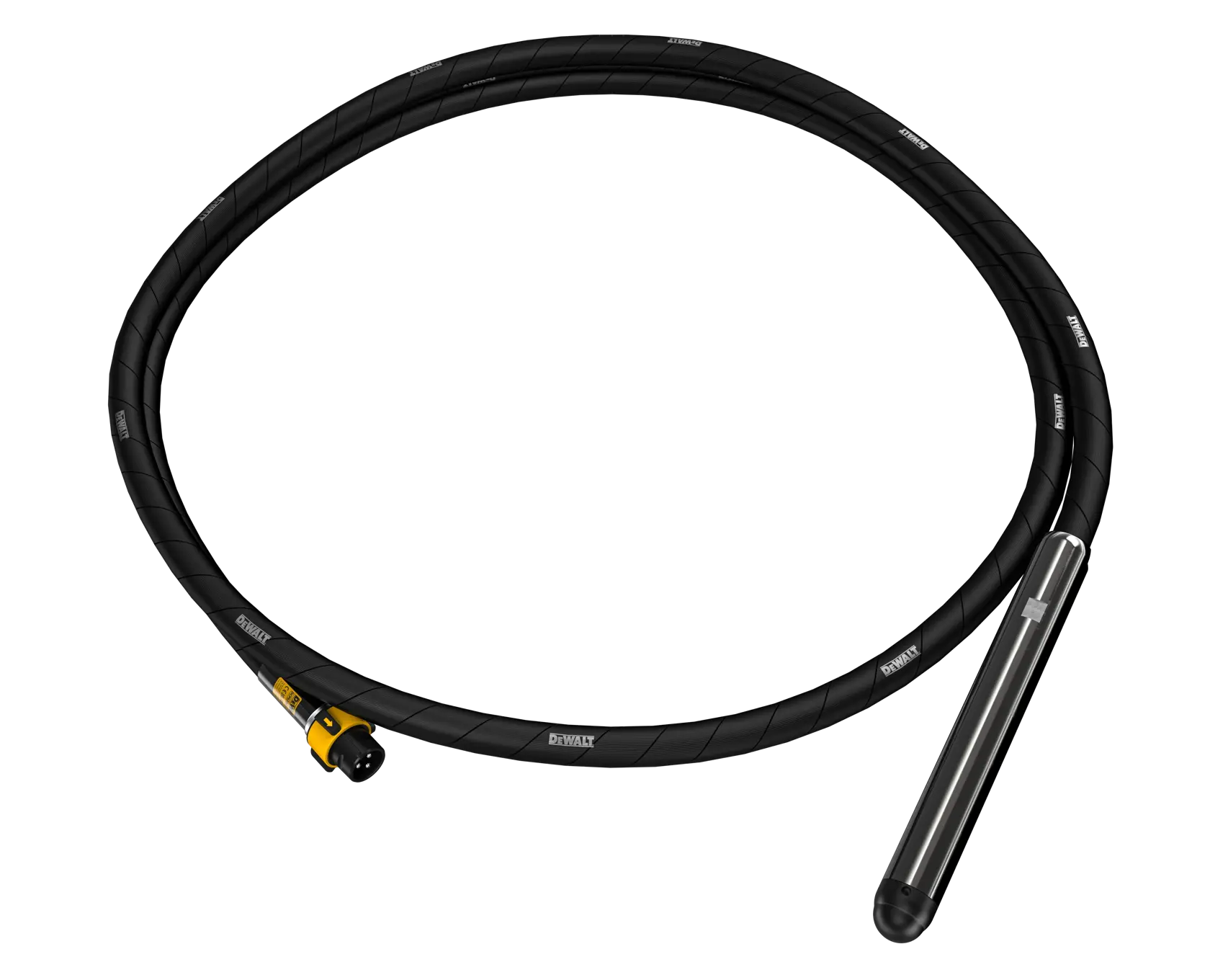 A DEWALT concrete vibrator accessory with a long black flexible hose and a cylindrical vibrating head, designed for construction and concrete work, shown on a white background.