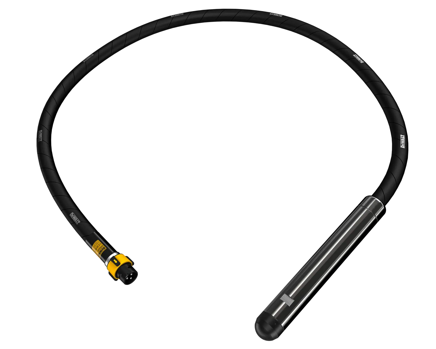A DEWALT concrete vibrator shaft with a long, flexible black hose and a metallic cylindrical end piece, used for construction applications.