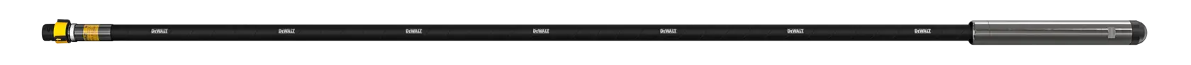 A DEWALT concrete vibrator shaft with a long, flexible black hose and a metallic cylindrical end piece, used for construction applications.