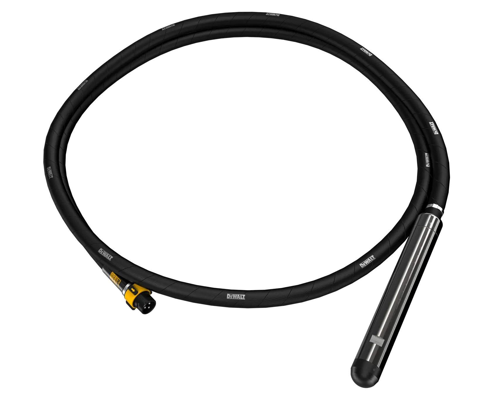 A DEWALT concrete vibrator attachment with a long black flexible hose and metal vibrating head.