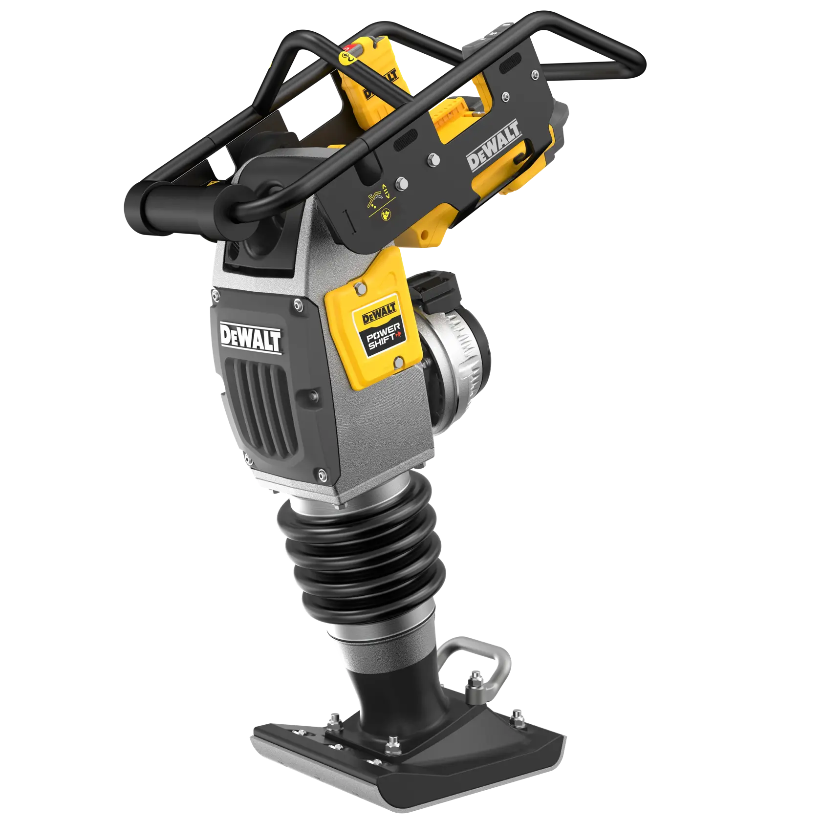 A DEWALT Power Shift battery-powered compactor tool with a robust handle, yellow and black casing, and heavy-duty base for soil and ground compaction.