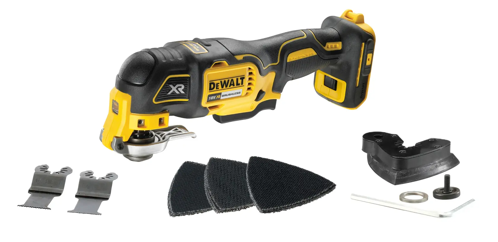 A DEWALT DCS356N cordless oscillating multi-tool with accessories including two cutting blades, three sanding pads, a sanding attachment, and small tool pieces, all displayed on a white background.