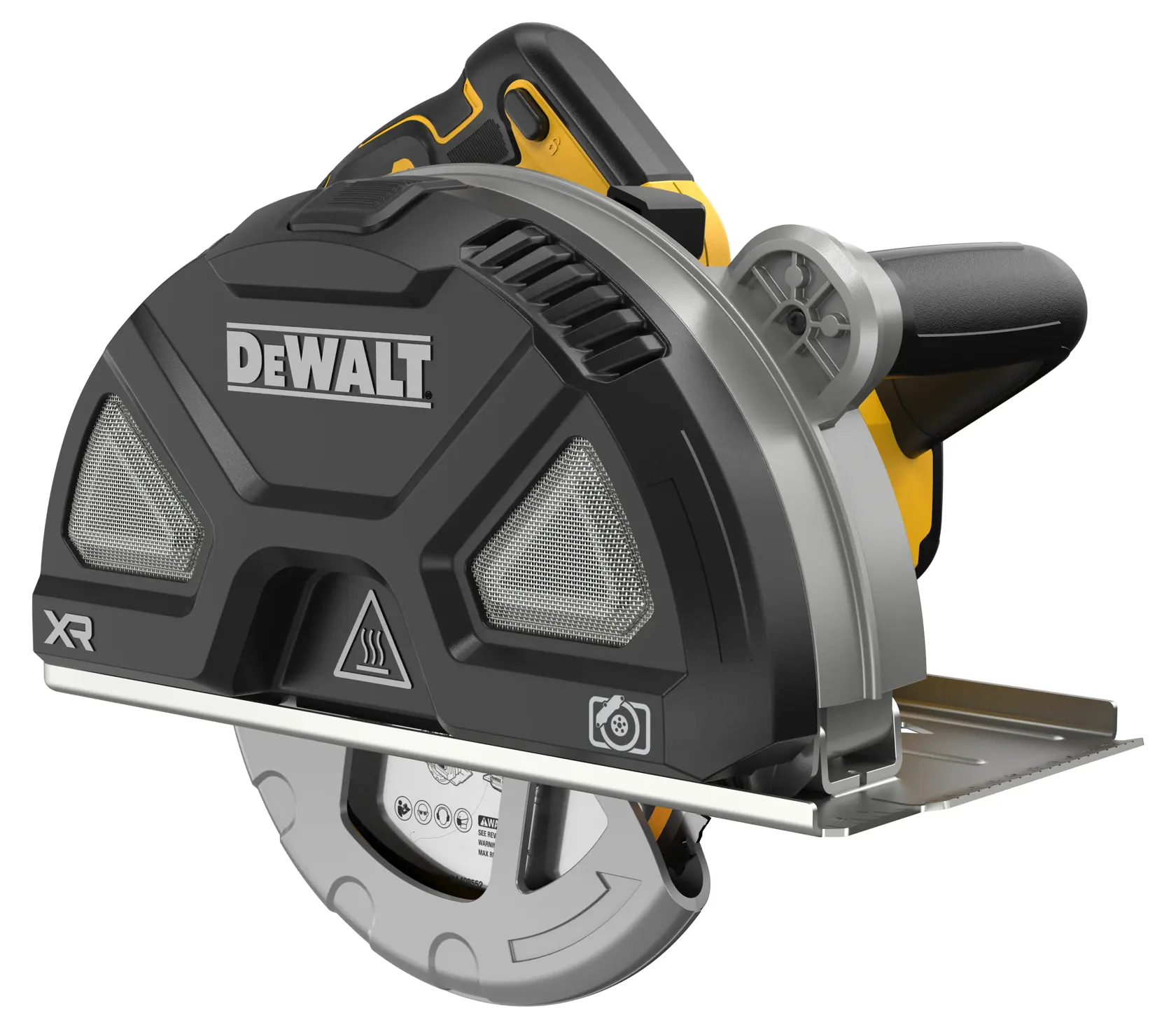 Cordless DEWALT XR circular saw with black and yellow handle, metal base plate, and protective blade guard. The DEWALT logo is prominent on the side of the tool.
