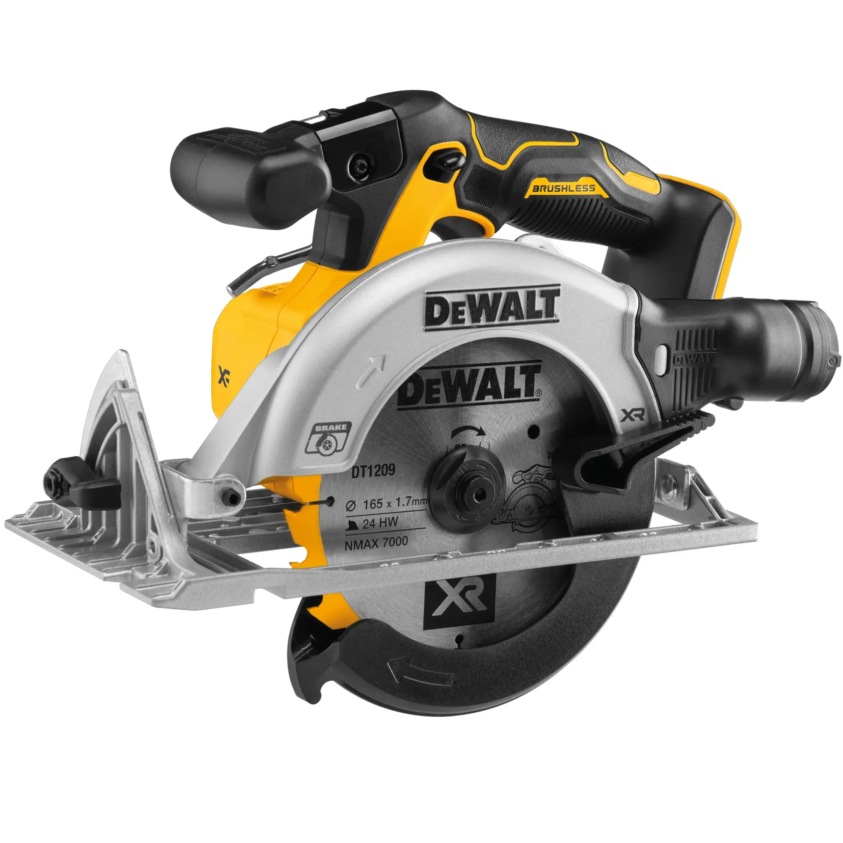 DEWALT DCS565N cordless brushless circular saw with a silver blade guard, black and yellow handle, and visible DEWALT branding on the blade and body. The saw is designed for professional woodworking and construction tasks.