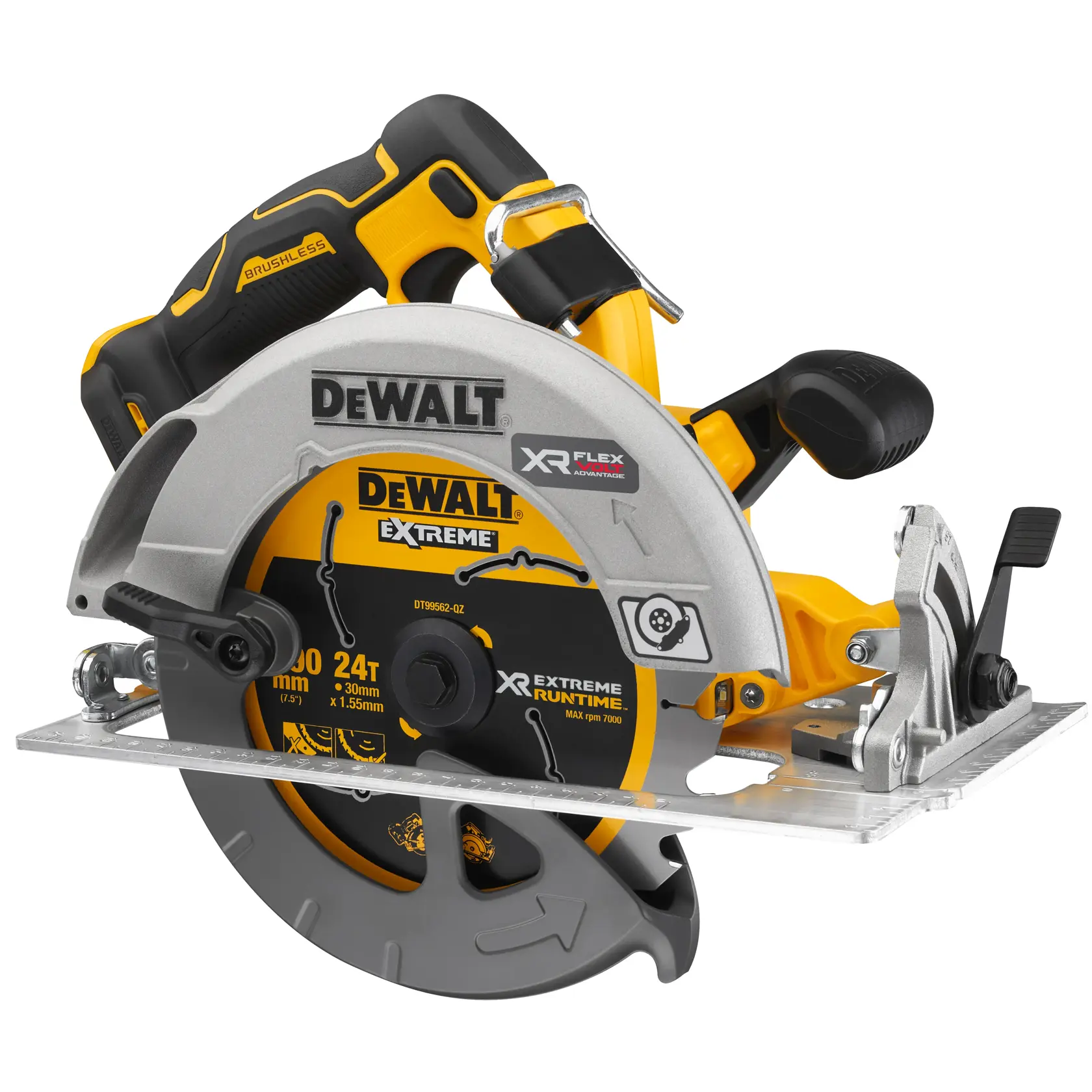 A DEWALT DCS573N cordless circular saw with a brushless motor, featuring a silver and yellow body, black handle, and detailed blade markings such as 'XR FLEX ADVANTAGE' and 'EXTREME RUNTIME.' The saw is shown on a white background.