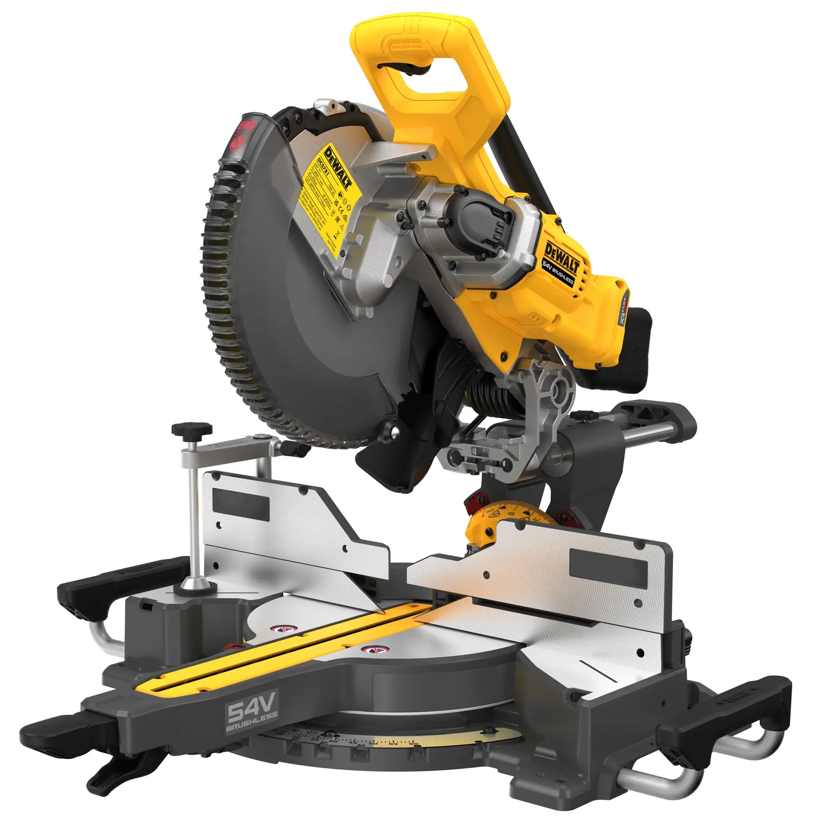 A DEWALT DCS781N 54V brushless cordless sliding mitre saw designed for woodworking and construction, with a yellow and black housing and silver base.