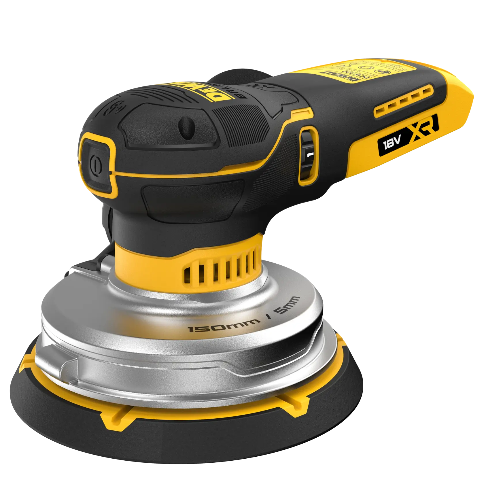 DEWALT 18V XR cordless random orbital sander, 150mm pad, ergonomic design for woodworking or finishing.