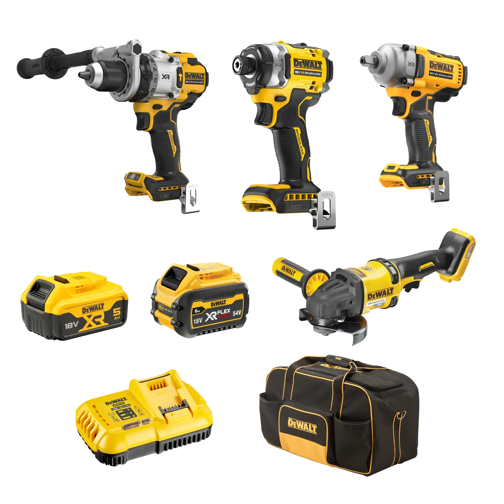 DEWALT® 18V XR® Brushless 4 Piece Kit - 5Ah & FLEXVOLT® 6Ah