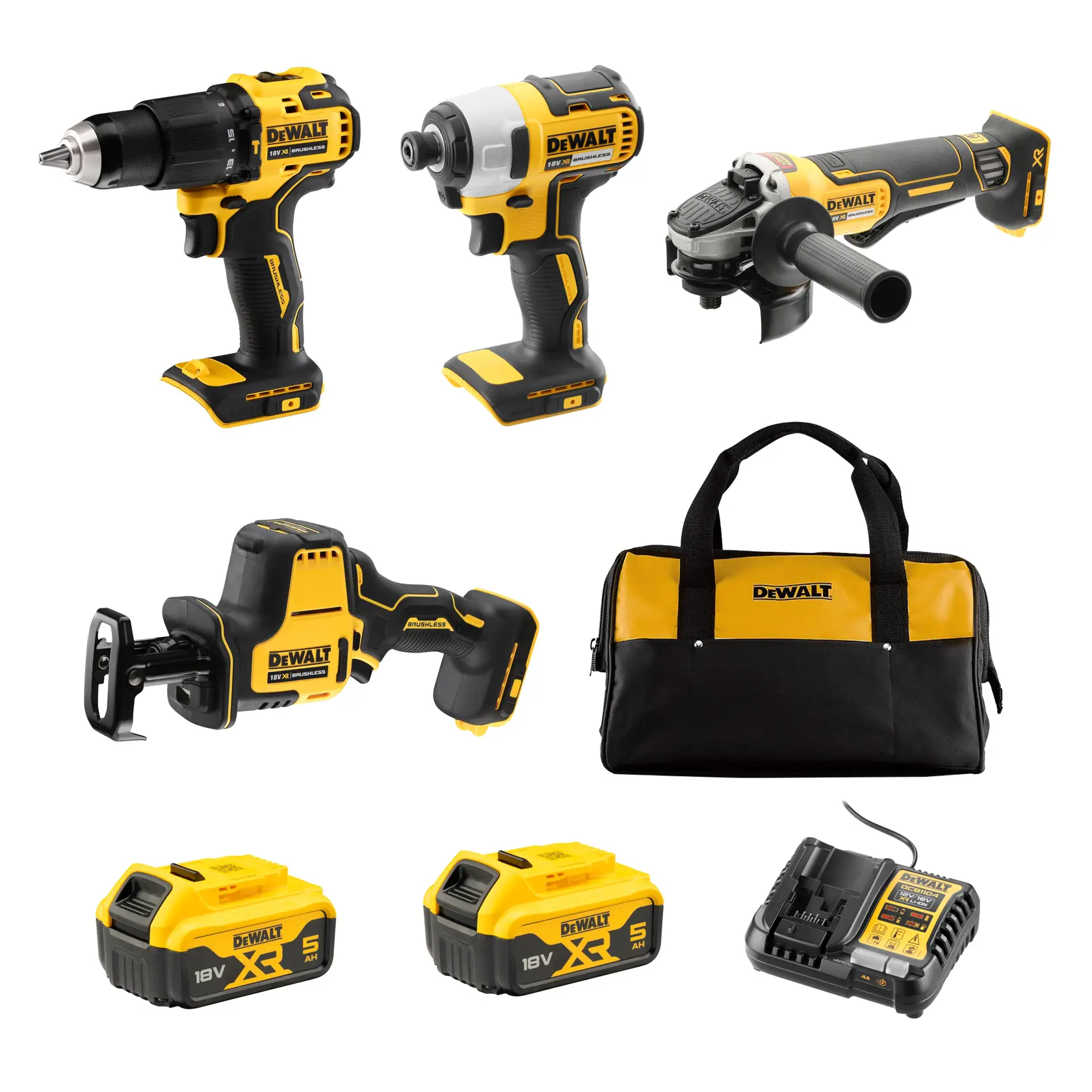 DEWALT® 18V XR® Brushless 4 Piece Kit - 2X 5Ah