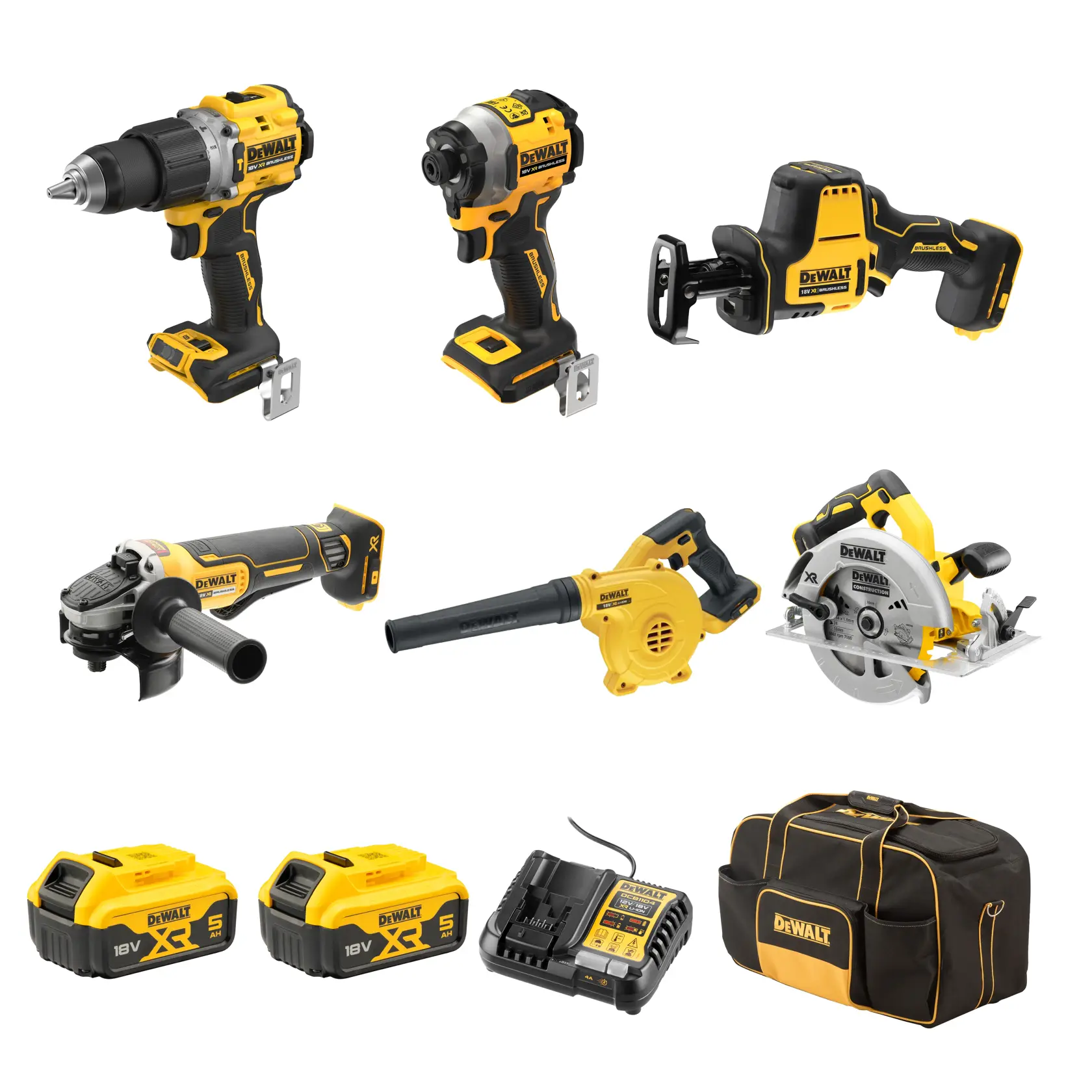 DEWALT® 18V XR® Brushless 6 Piece Kit - 2X 5Ah