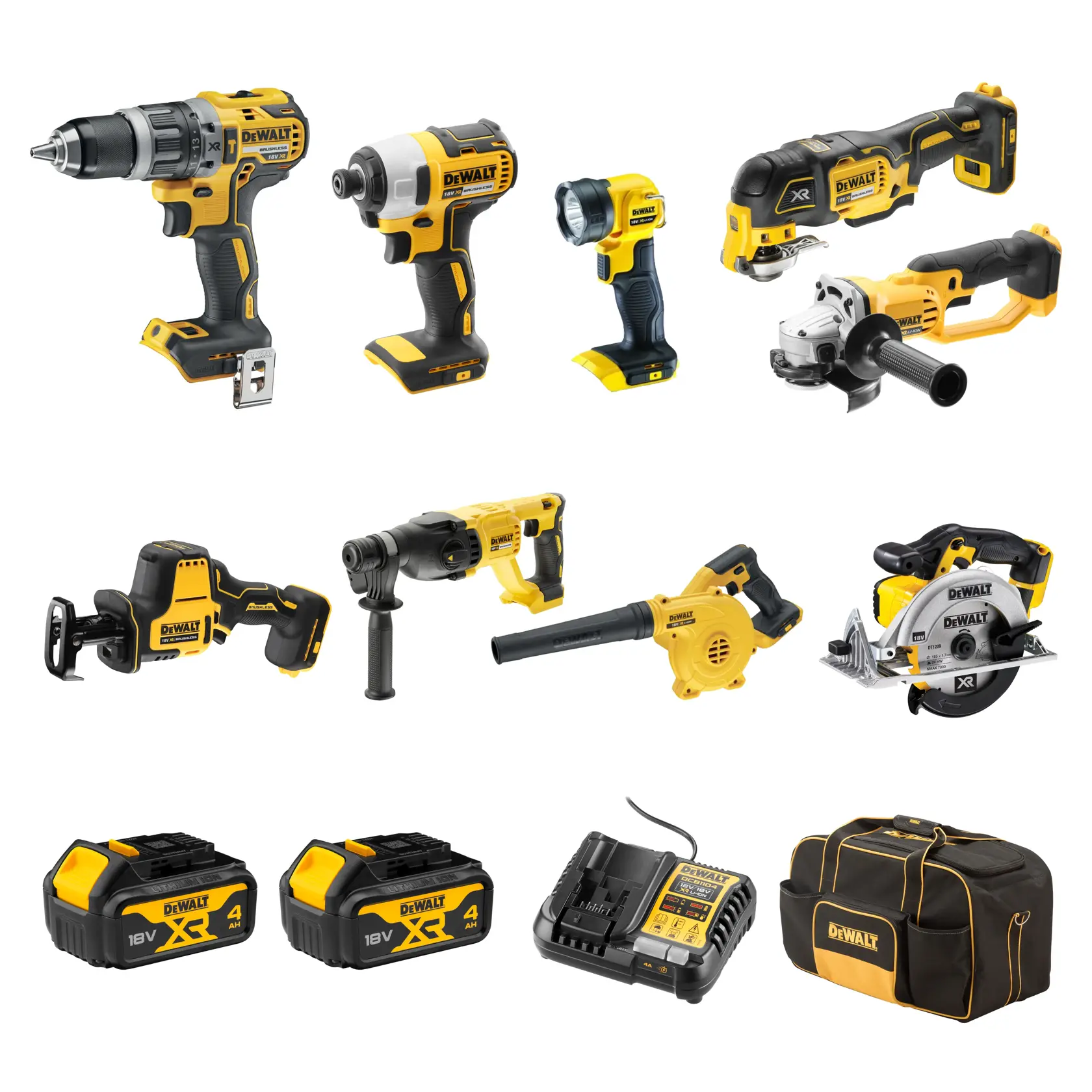 A collection of DEWALT cordless power tools and accessories. The set includes a drill, impact driver, flashlight, multi-tool, angle grinder, reciprocating saw, rotary hammer, blower, circular saw, two batteries, a battery charger, and a DEWALT branded black and yellow tool bag.