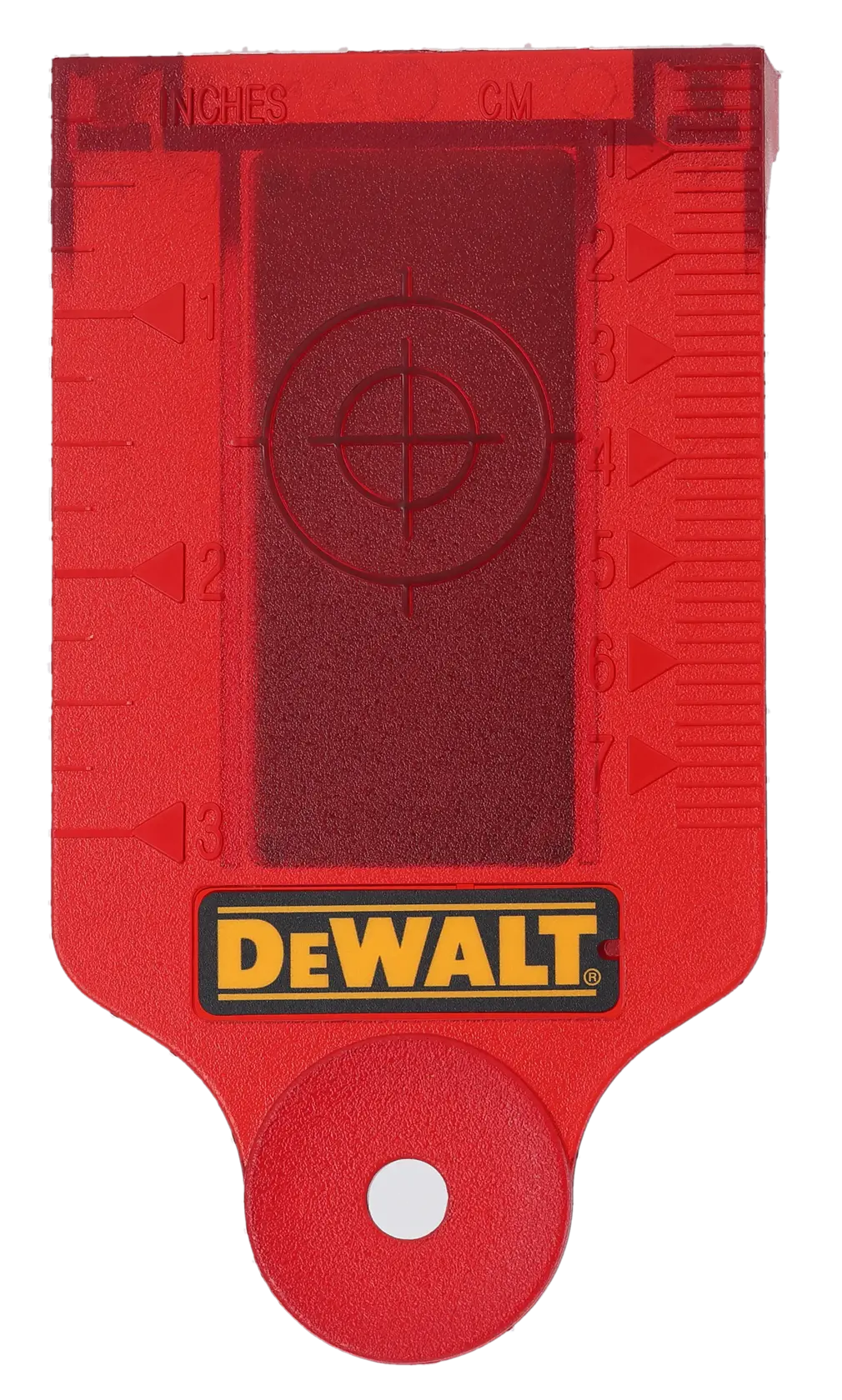 A red DEWALT laser target card with measurement markings in inches and centimeters, a central aiming circle, and the DEWALT logo at the bottom.