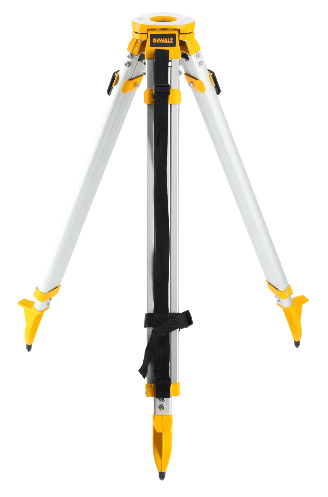 A DEWALT photography tripod with three silver and yellow legs, pointed feet, and a black carrying strap, standing open and upright.