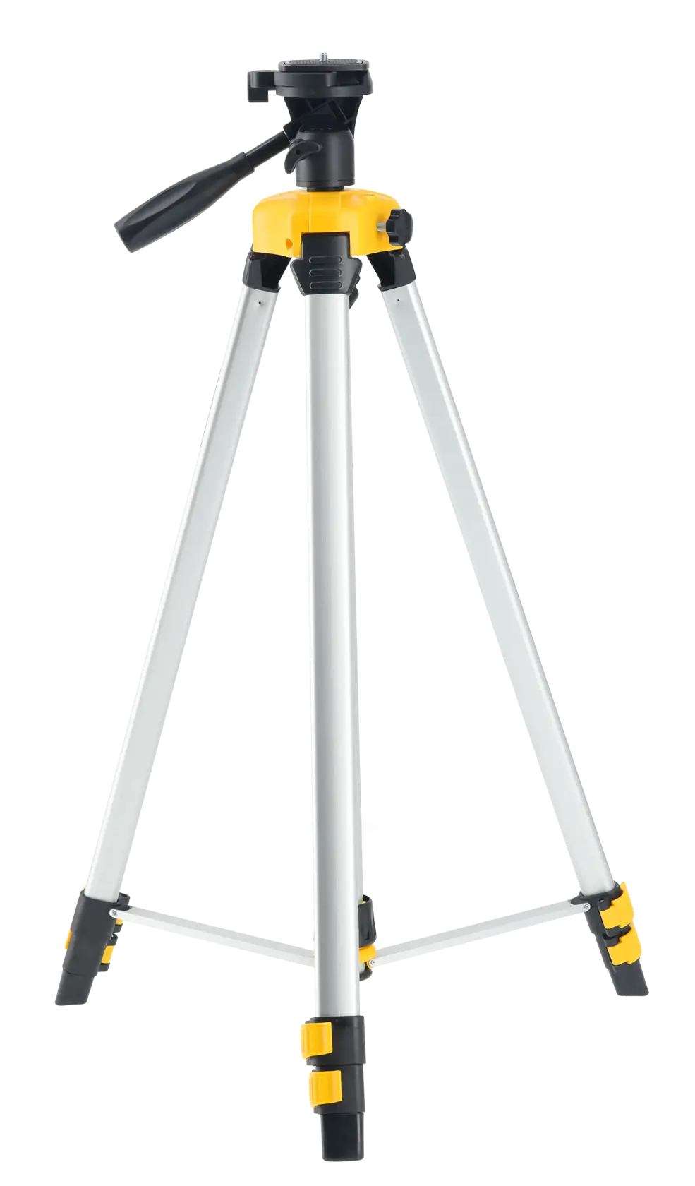 A DEWALT DE0881T tripod with adjustable aluminum legs and a handle for rotating the camera mount, shown against a white background.