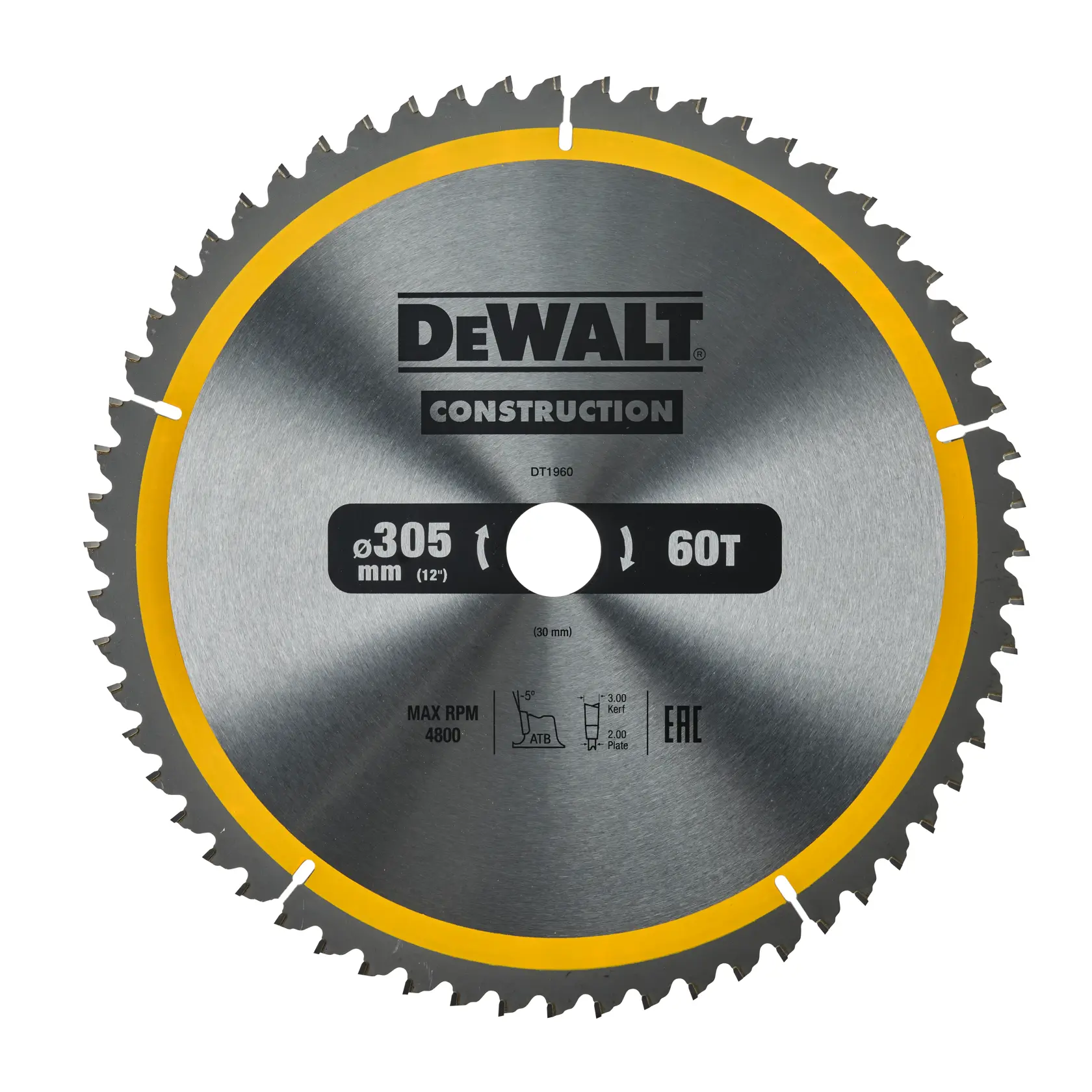 A DEWALT DT1960 construction circular saw blade with 305mm (12 inch) diameter and 60 teeth, featuring a silver finish with yellow accents and product specifications printed on the surface.