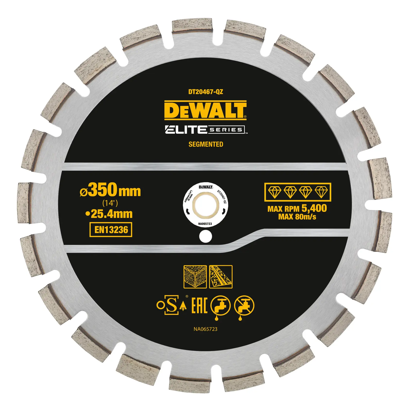 DEWALT segmented diamond saw blade, 350mm diameter, 25.4mm bore, max 5,400 RPM, for cutting.