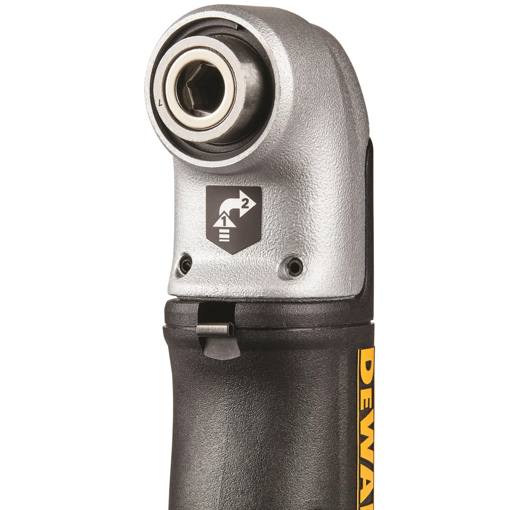 Close-up of a DEWALT right angle drill attachment showing the metal head, hex socket, directional indicator, and part of the black and yellow handle.