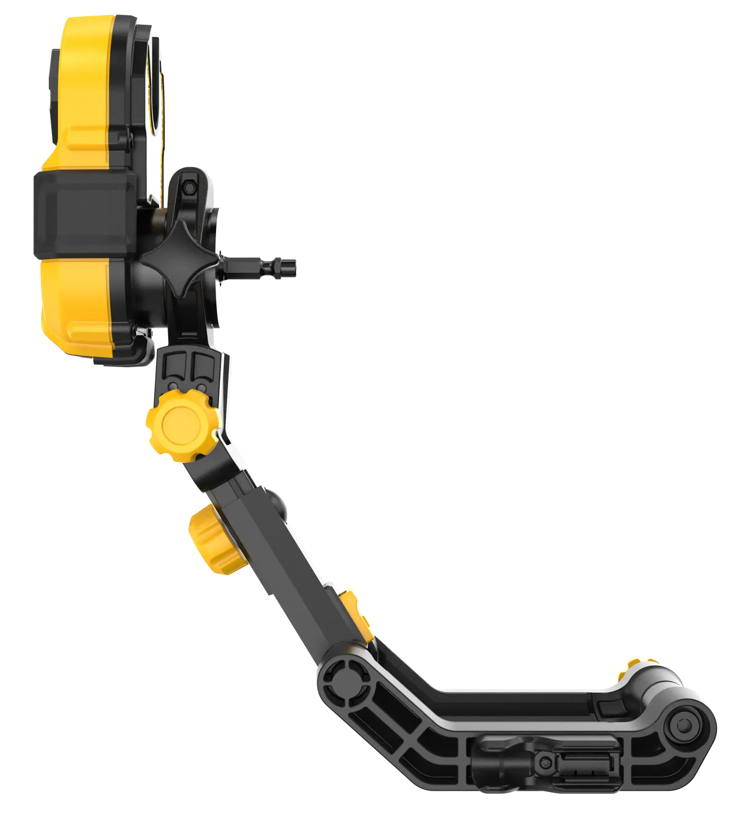 Side view of a DEWALT DT20562 adjustable mounting bracket in black and yellow, designed for securely holding cameras or tools, with multiple knobs and joints for flexible positioning.