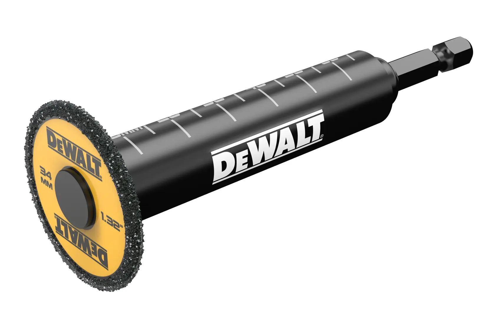 A DEWALT DT20563 cutting wheel with a black handle, yellow and black disc labeled with measurements, designed for precision cutting tasks.