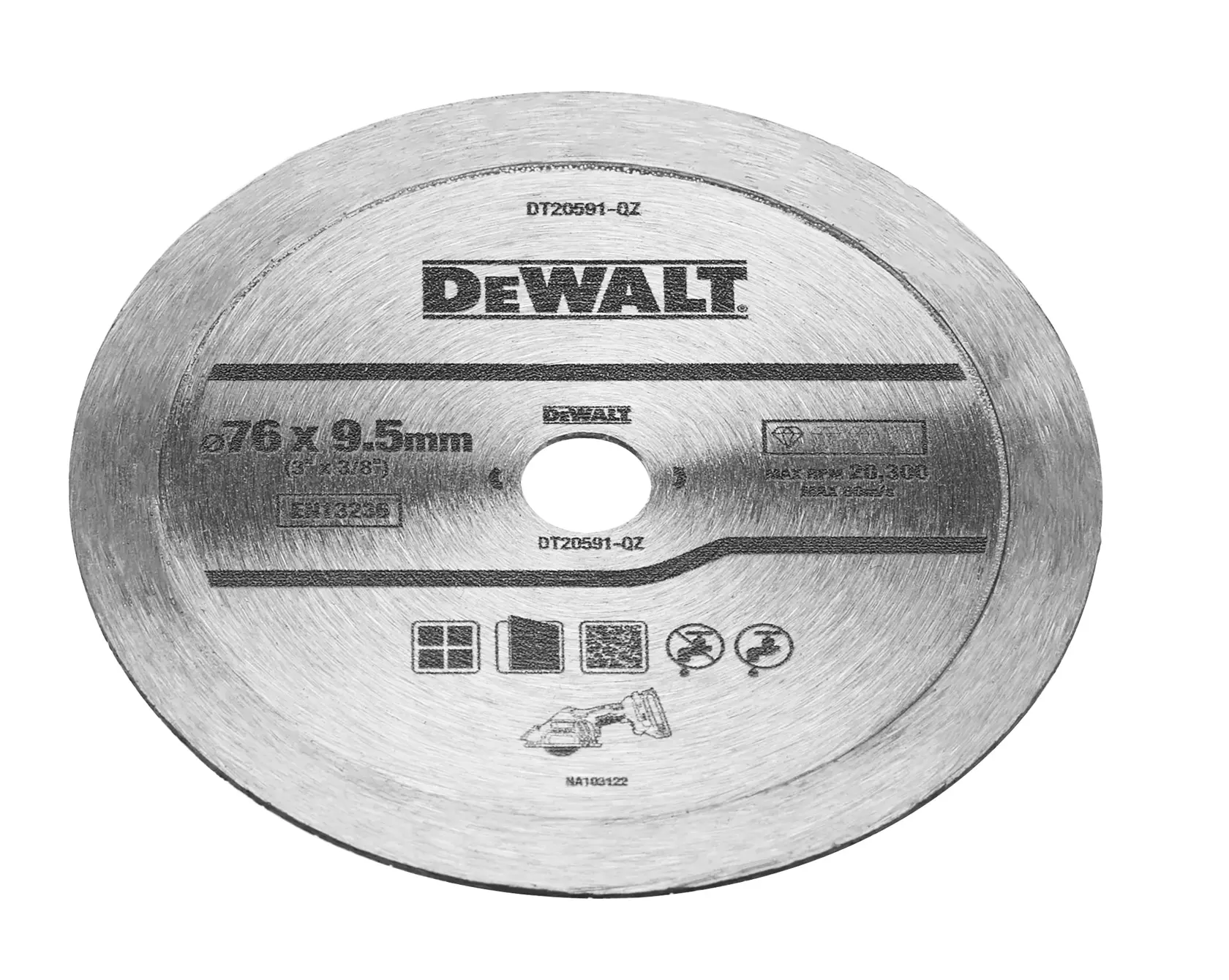 DEWALT DT20591 circular saw blade, silver color, diameter 76 mm and thickness 9.5 mm, suitable for cutting materials. The blade features product information and safety icons printed on its surface.