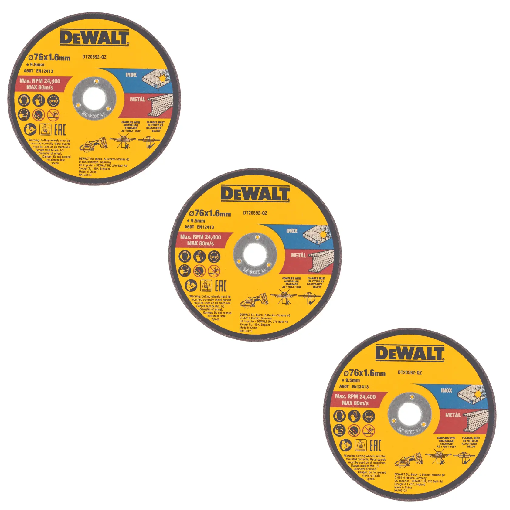 DEWALT® 76mm x 1mm x 10mm Inox Bonded Abrasive Cutting Disc (3 pcs.)