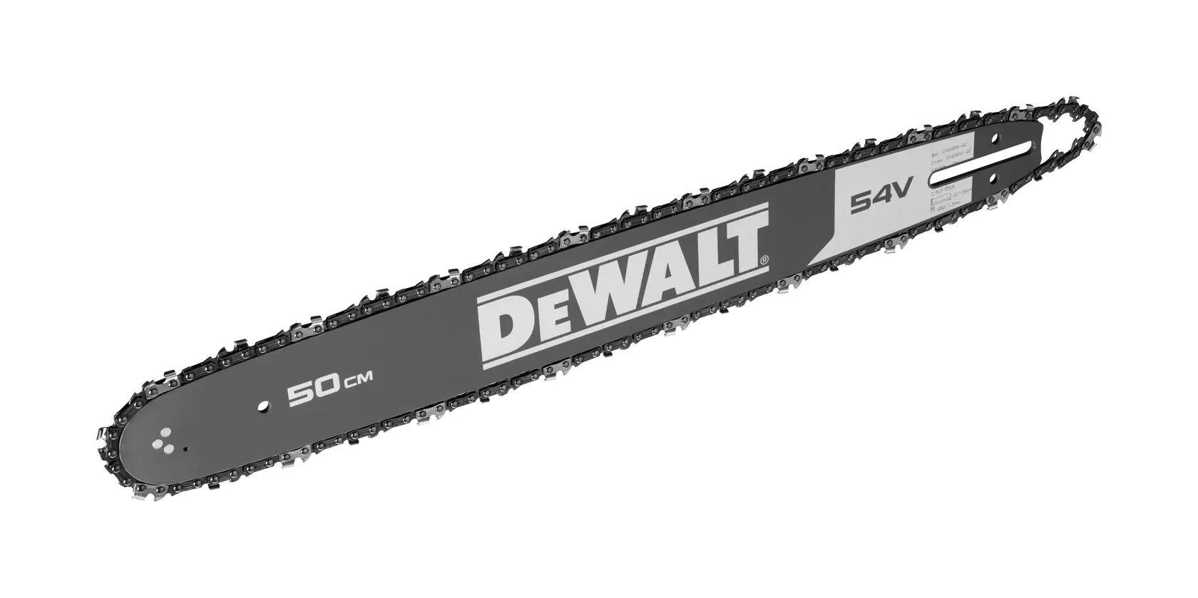 A DEWALT 50 cm chainsaw bar with chain, marked with 54V branding, displayed on a white background.