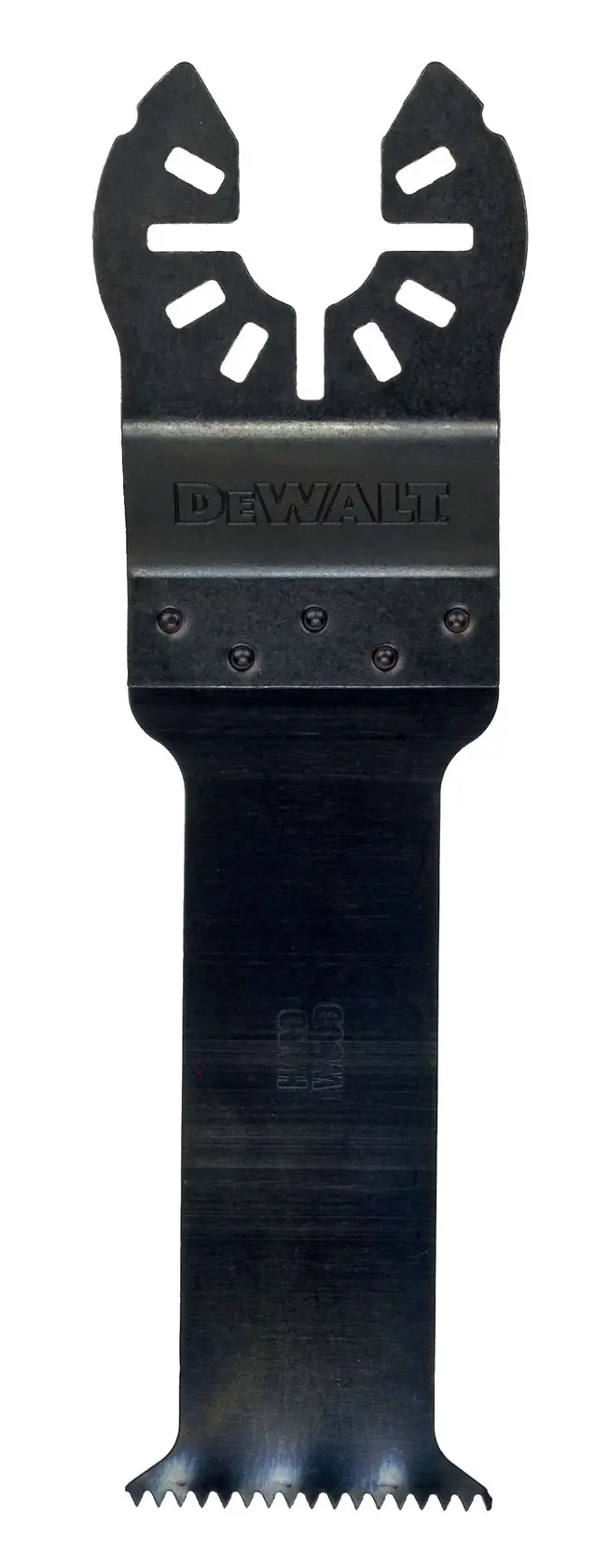 DEWALT DT20703 oscillating saw blade with serrated edge for cutting wood or plastic.