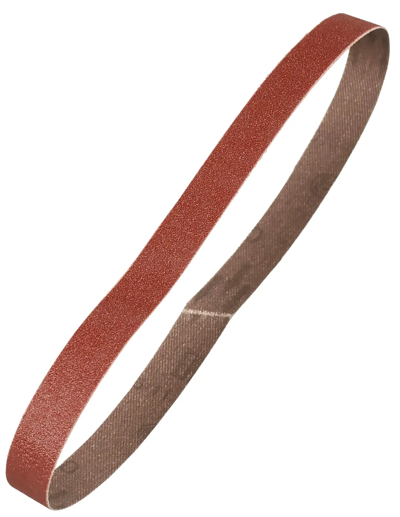 A brown abrasive sanding belt shown against a white background, commonly used for sanding and finishing surfaces with powered tools.