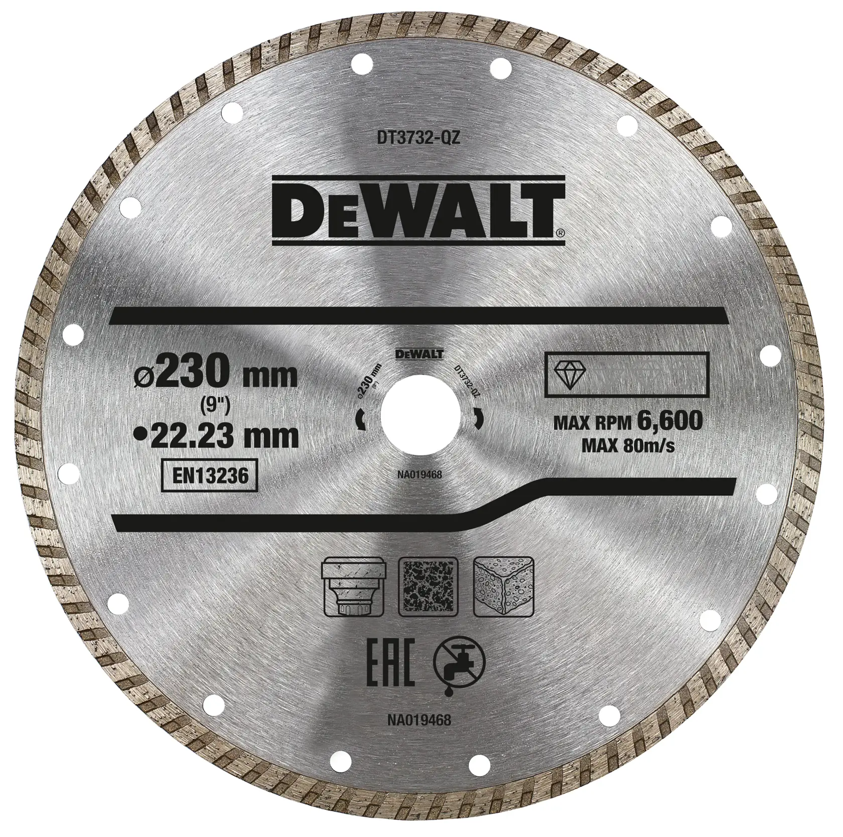 A close-up image of a DEWALT circular saw blade model DT3732. The blade is silver with the DEWALT logo in the center. Specifications printed on the blade include a diameter of 230 mm (9 inches), a bore size of 22.23 mm, maximum RPM of 6,600, and maximum speed of 80 m/s. The blade also features several icons, certification markings, and a serrated edge for cutting.
