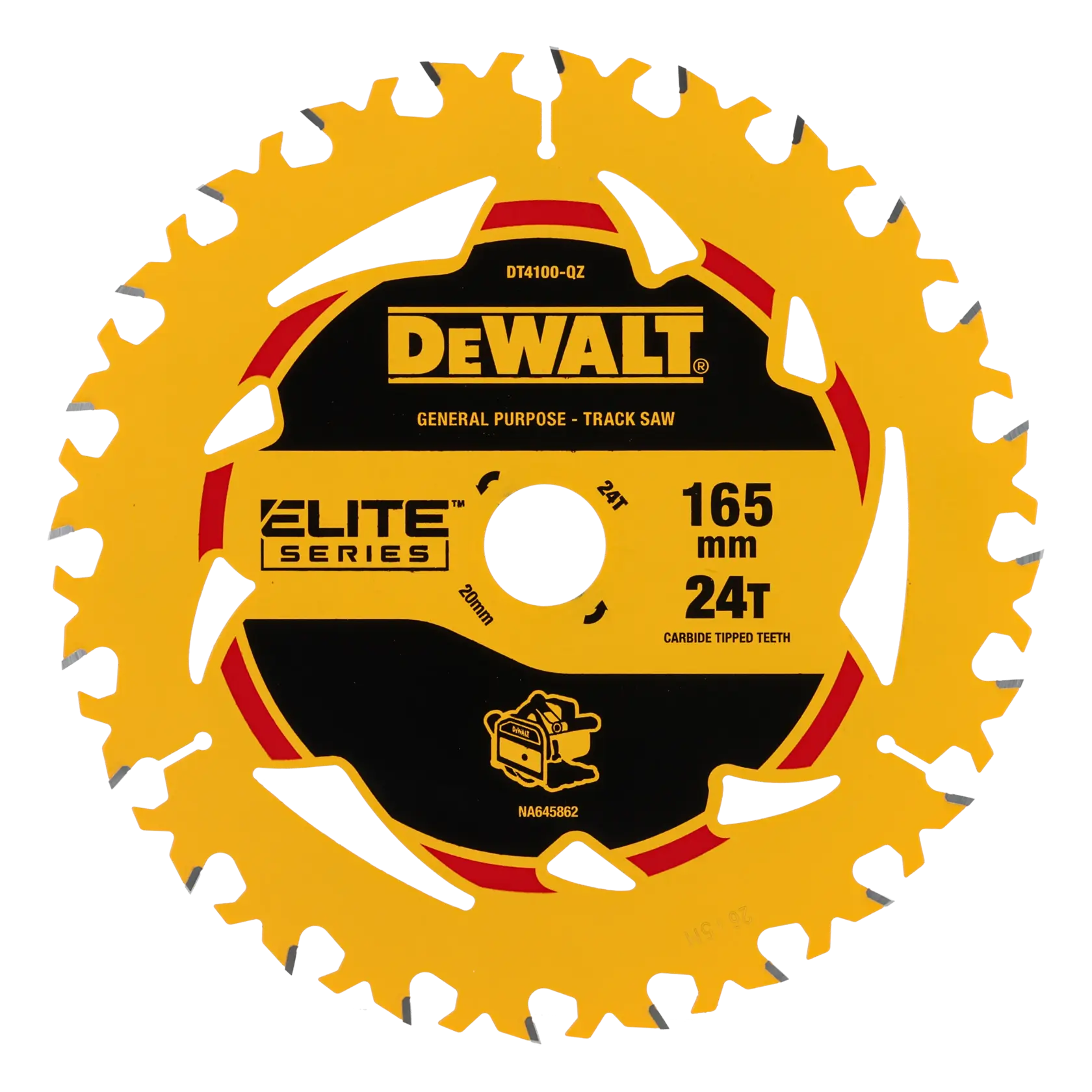 DEWALT saw blade, 165mm, 24T, Elite Series. SKUs: DT4100-QZ, DT4100. For photography category.